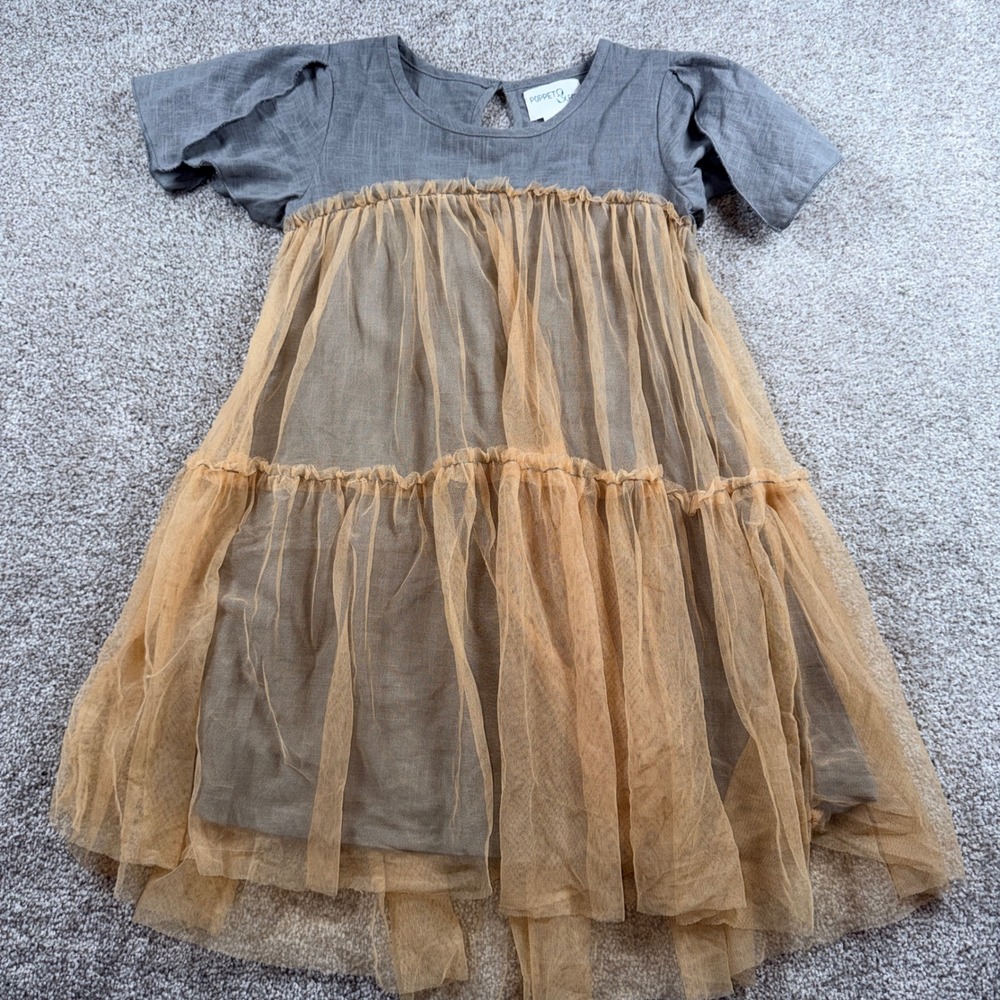 Poppet & Fox Girls Grey‎ Cotton Tiered Mustard Tulle Dress Size 6 Boho Whimsical